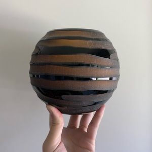 Vintage Amber Colored Glass Orb Vase Art Glass Cut